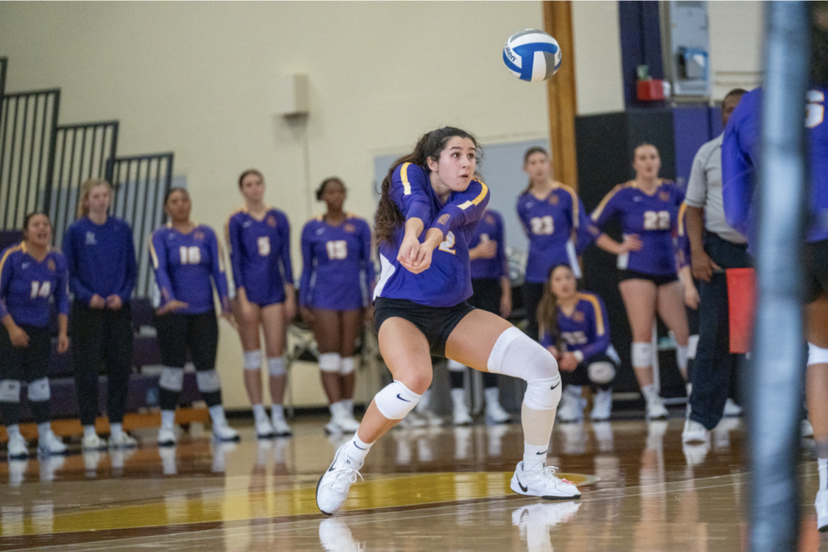 Senior outside hitter Izzy Issak completes a bump pass to her teammates in the third set against California State University, Los Angeles on Saturday, Oct. 26, 2024. (Sean Young / Golden Gate Xpress)